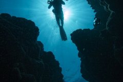 Diver drifting above a canyon photographed in Yap